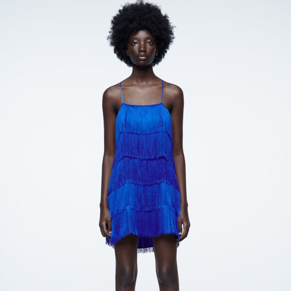 Zara blue fringe party dress size Medium